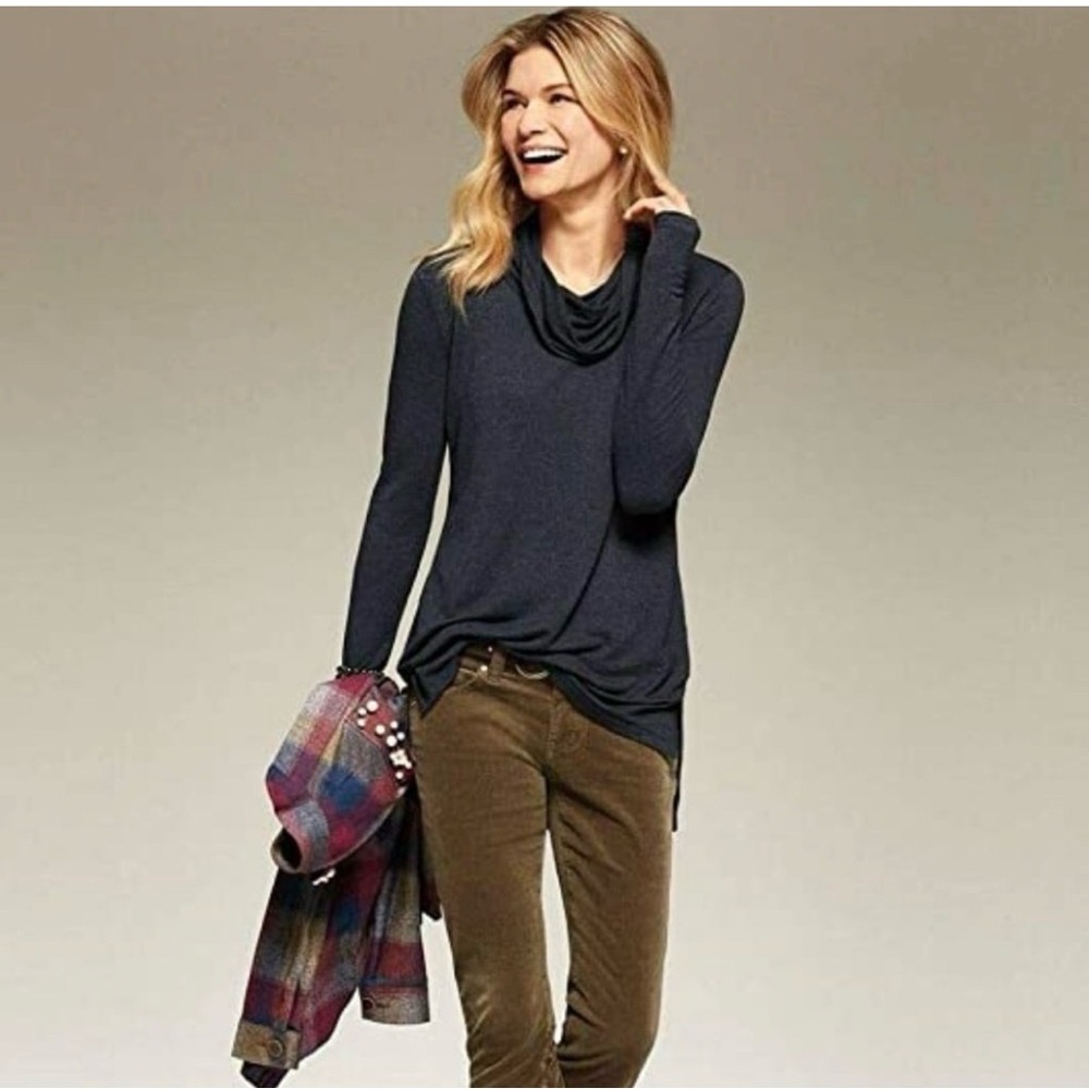 Cabi Turtle Tee Women’s Small Tunic Cowl Neck Blue Soft Stretch Long‎ Sleeve